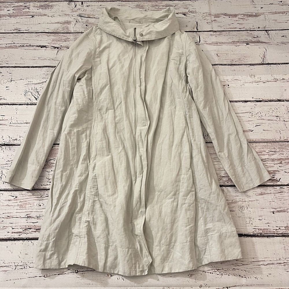 Elieen Fisher Bone Rumpled Organic Cotton Steel High Collar Zip Coat Medium